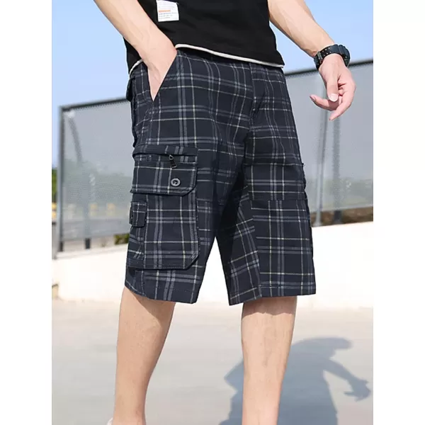 chouyatou Mens Active Normal Waist Loose MultiPocket Versatile Twill Cargo ShortsNavyplaid