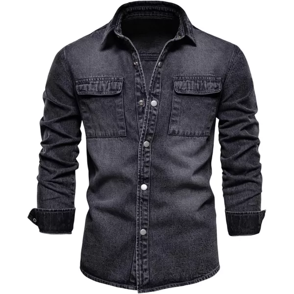 chouyatou Mens Casual Long Sleeve Button Up Cowboy Weatern Distressed Denim Work ShirtDark Grey