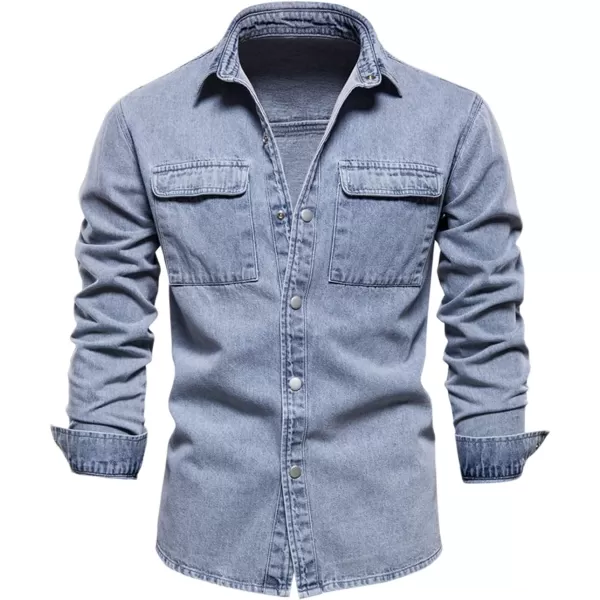 chouyatou Mens Casual Long Sleeve Button Up Cowboy Weatern Distressed Denim Work ShirtLight Blue