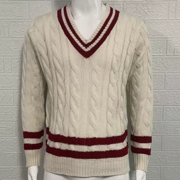 chouyatou Mens Casual V Neck Contrast Stripes Cable Knit Pullover Sweater TopsBeige White