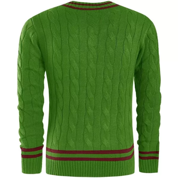 chouyatou Mens Casual V Neck Contrast Stripes Cable Knit Pullover Sweater TopsGreen
