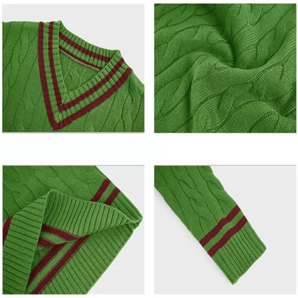 chouyatou Mens Casual V Neck Contrast Stripes Cable Knit Pullover Sweater TopsGreen