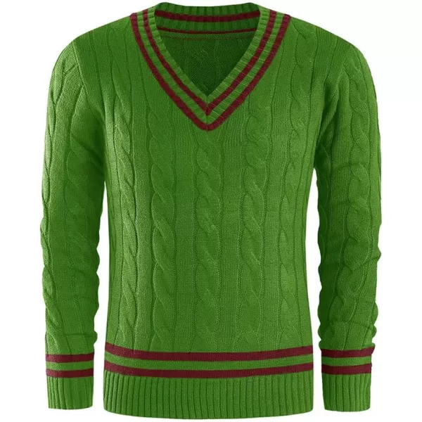 chouyatou Mens Casual V Neck Contrast Stripes Cable Knit Pullover Sweater TopsGreen