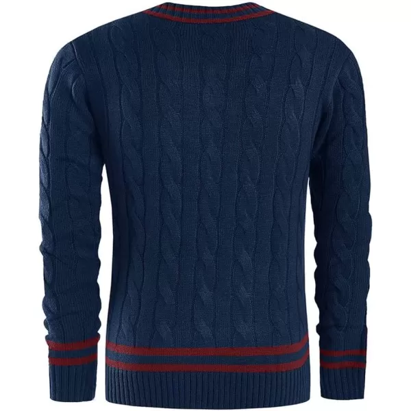 chouyatou Mens Casual V Neck Contrast Stripes Cable Knit Pullover Sweater TopsNavy Blue