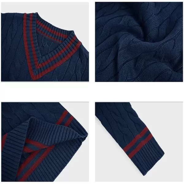 chouyatou Mens Casual V Neck Contrast Stripes Cable Knit Pullover Sweater TopsNavy Blue
