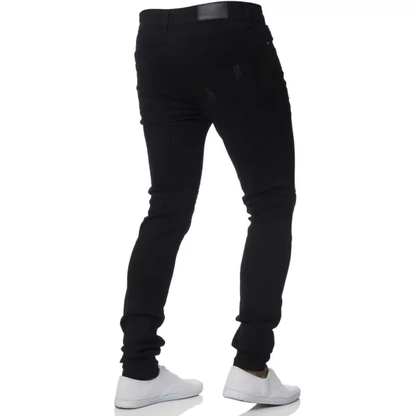 chouyatou Mens Distressed Tapered Leg Ripped Holes Long Denim Pants JeansBlack