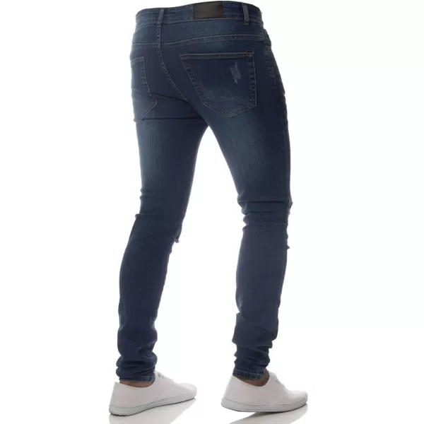 chouyatou Mens Distressed Tapered Leg Ripped Holes Long Denim Pants JeansDark Blue
