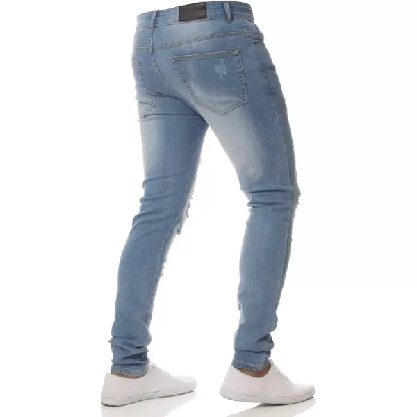 chouyatou Mens Distressed Tapered Leg Ripped Holes Long Denim Pants JeansLight Blue