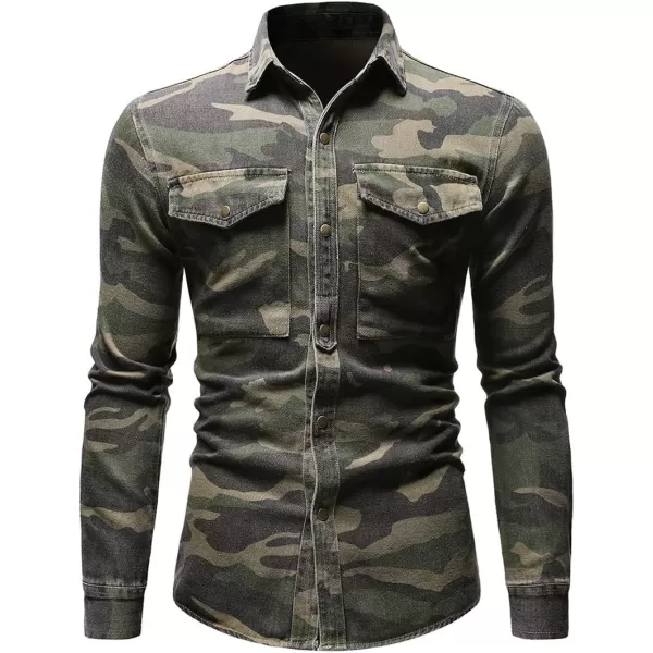 chouyatou Mens Military Style ShortLong Sleeve Camo Printed Button Down ShirtGreen Long