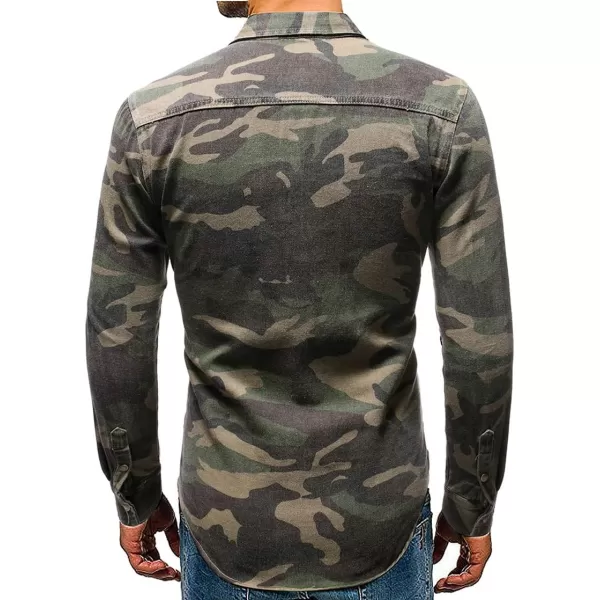 chouyatou Mens Military Style ShortLong Sleeve Camo Printed Button Down ShirtGreen Long