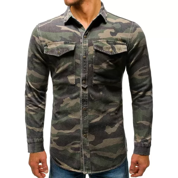 chouyatou Mens Military Style ShortLong Sleeve Camo Printed Button Down ShirtGreen Long