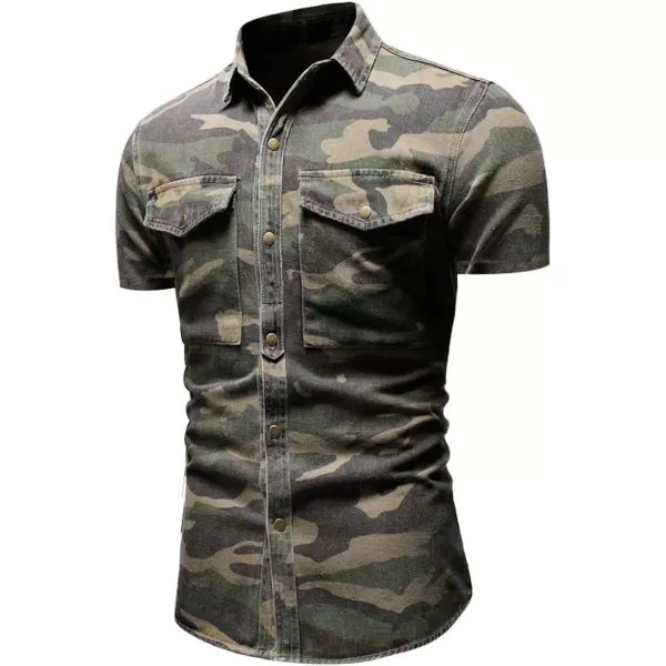 chouyatou Mens Military Style ShortLong Sleeve Camo Printed Button Down ShirtGreen Short