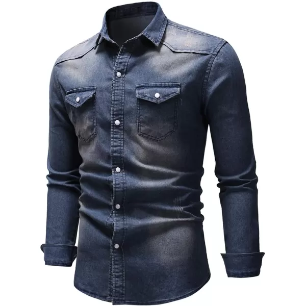 chouyatou Mens Western Distressed Wash Work Button Down Denim Jean ShirtDark Blue