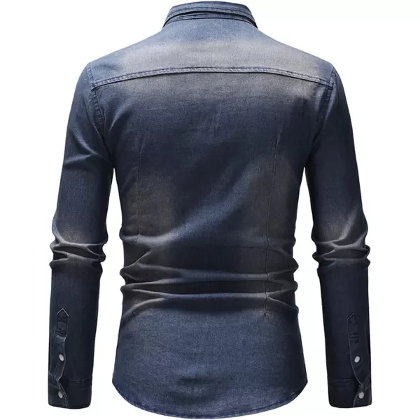chouyatou Mens Western Distressed Wash Work Button Down Denim Jean ShirtDark Blue