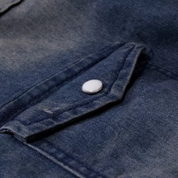 chouyatou Mens Western Distressed Wash Work Button Down Denim Jean ShirtDark Blue