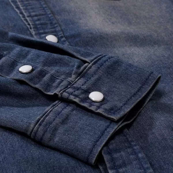 chouyatou Mens Western Distressed Wash Work Button Down Denim Jean ShirtDark Blue