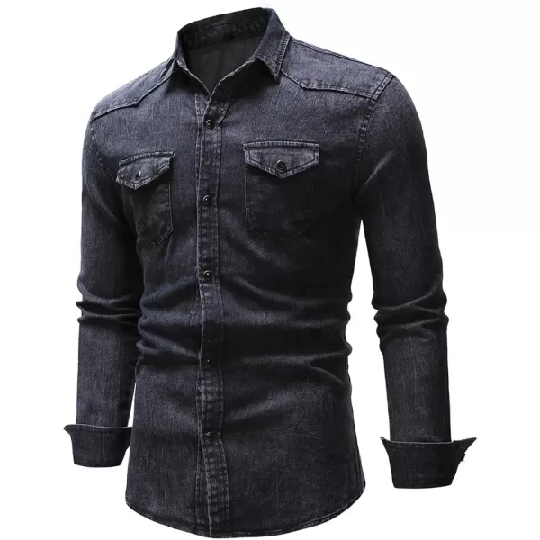chouyatou Mens Western Distressed Wash Work Button Down Denim Jean ShirtDark Grey