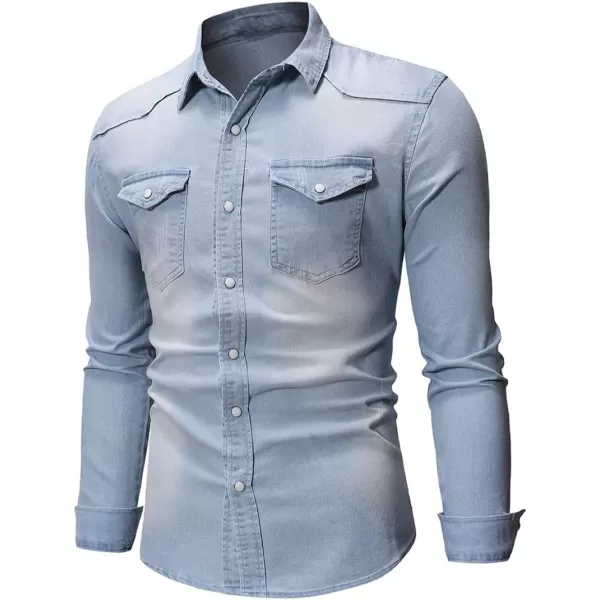 chouyatou Mens Western Distressed Wash Work Button Down Denim Jean ShirtLight Blue
