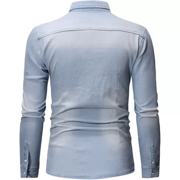 chouyatou Mens Western Distressed Wash Work Button Down Denim Jean ShirtLight Blue