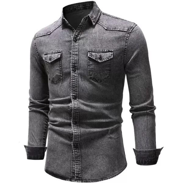 chouyatou Mens Western Distressed Wash Work Button Down Denim Jean ShirtLight Grey