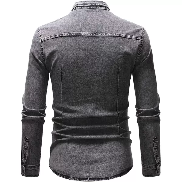 chouyatou Mens Western Distressed Wash Work Button Down Denim Jean ShirtLight Grey