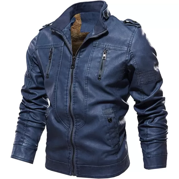 chouyatou Mens Winter Quilted Sherpa Lined Moto Distressed Faux Leather Biker JacketBlue