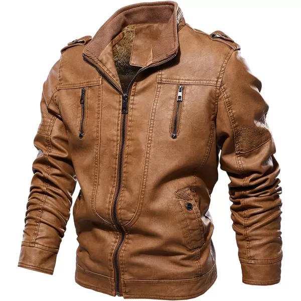 chouyatou Mens Winter Quilted Sherpa Lined Moto Distressed Faux Leather Biker JacketBrown