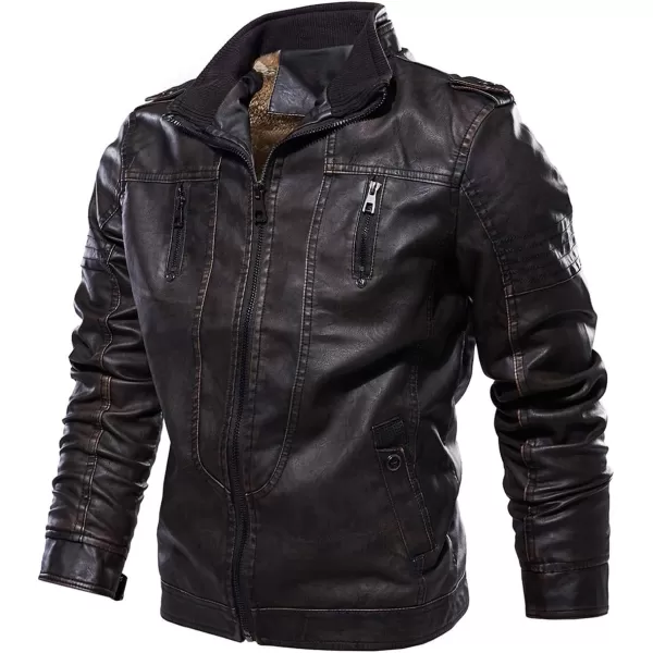 chouyatou Mens Winter Quilted Sherpa Lined Moto Distressed Faux Leather Biker JacketCoffee