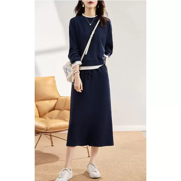 chouyatou Womens 2 Piece Outfits Crewneck Sweatshirt and ALine Skirt Sets SweatsuitNavy Blue