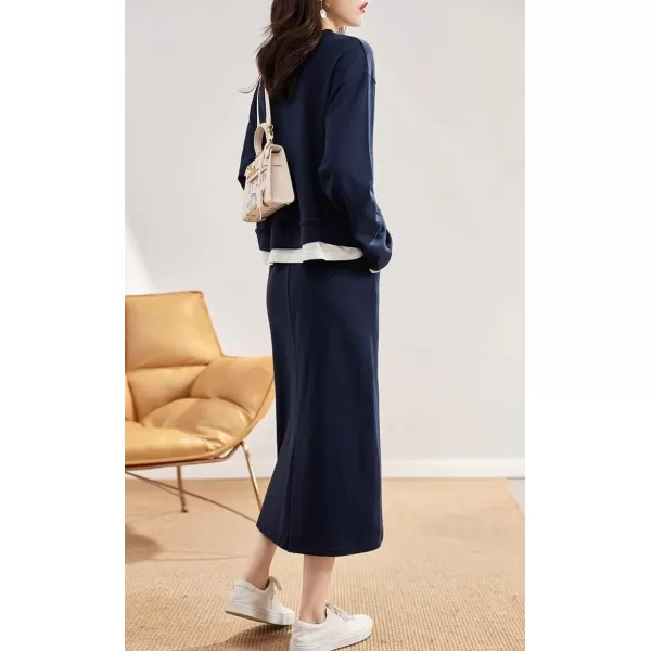chouyatou Womens 2 Piece Outfits Crewneck Sweatshirt and ALine Skirt Sets SweatsuitNavy Blue