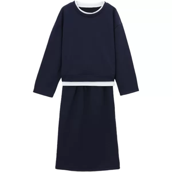 chouyatou Womens 2 Piece Outfits Crewneck Sweatshirt and ALine Skirt Sets SweatsuitNavy Blue