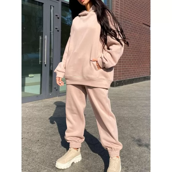 chouyatou Womens 2 Piece Outfits Hooded Sweatsuit Hoodies Tracksuit Sweatpants SetsBeige