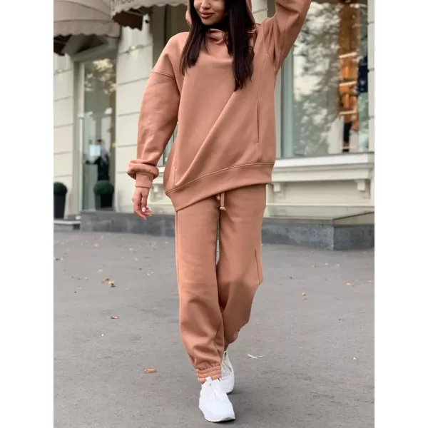 chouyatou Womens 2 Piece Outfits Hooded Sweatsuit Hoodies Tracksuit Sweatpants SetsCamel