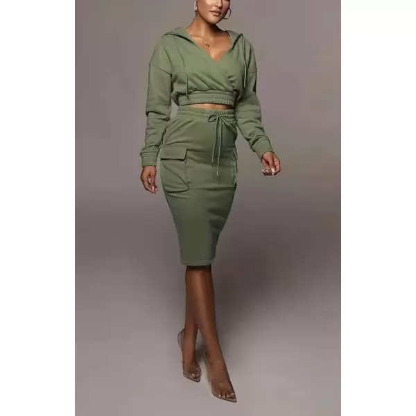 chouyatou Womens 2 Piece Outfits Sweatsuits Crop Hoodie Sweatshirt Bodycon Pencil Skirt SetsArmy Green