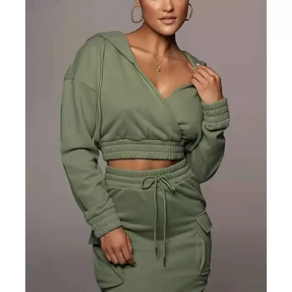 chouyatou Womens 2 Piece Outfits Sweatsuits Crop Hoodie Sweatshirt Bodycon Pencil Skirt SetsArmy Green