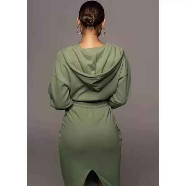 chouyatou Womens 2 Piece Outfits Sweatsuits Crop Hoodie Sweatshirt Bodycon Pencil Skirt SetsArmy Green