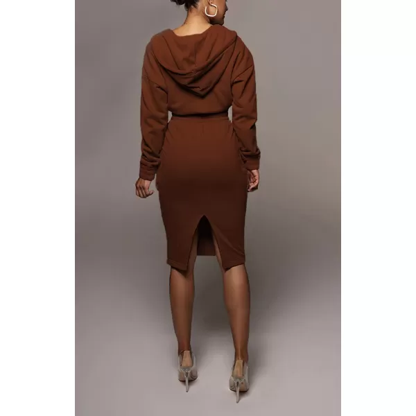chouyatou Womens 2 Piece Outfits Sweatsuits Crop Hoodie Sweatshirt Bodycon Pencil Skirt SetsCoffee