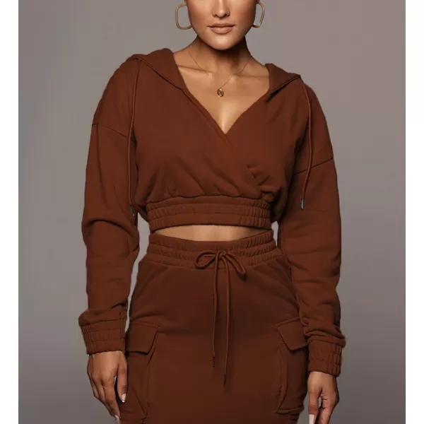 chouyatou Womens 2 Piece Outfits Sweatsuits Crop Hoodie Sweatshirt Bodycon Pencil Skirt SetsCoffee