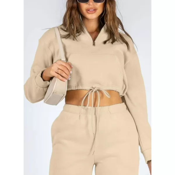 chouyatou Womens 2 Piece Outfits Sweatsuits Crop Stand Collar Sweatshirt Tapered Leg Pant SetsApricot