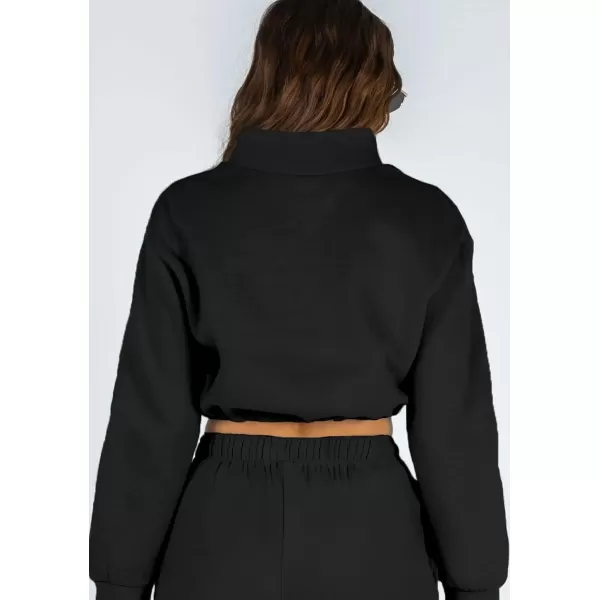 chouyatou Womens 2 Piece Outfits Sweatsuits Crop Stand Collar Sweatshirt Tapered Leg Pant SetsBlack