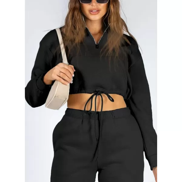chouyatou Womens 2 Piece Outfits Sweatsuits Crop Stand Collar Sweatshirt Tapered Leg Pant SetsBlack