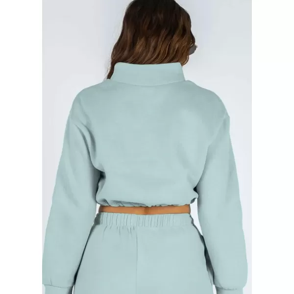 chouyatou Womens 2 Piece Outfits Sweatsuits Crop Stand Collar Sweatshirt Tapered Leg Pant SetsLight Blue