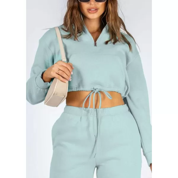 chouyatou Womens 2 Piece Outfits Sweatsuits Crop Stand Collar Sweatshirt Tapered Leg Pant SetsLight Blue