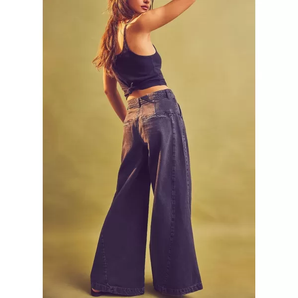 chouyatou Womens Boyfriend Denim Cargo Pants Y2K Baggy Wide Leg Casual Dressy Jeans CulottesBlack