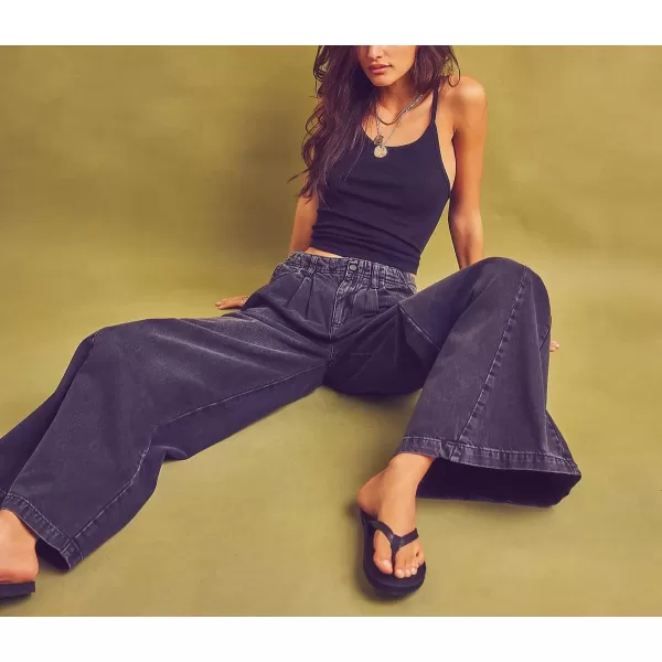 chouyatou Womens Boyfriend Denim Cargo Pants Y2K Baggy Wide Leg Casual Dressy Jeans CulottesBlack
