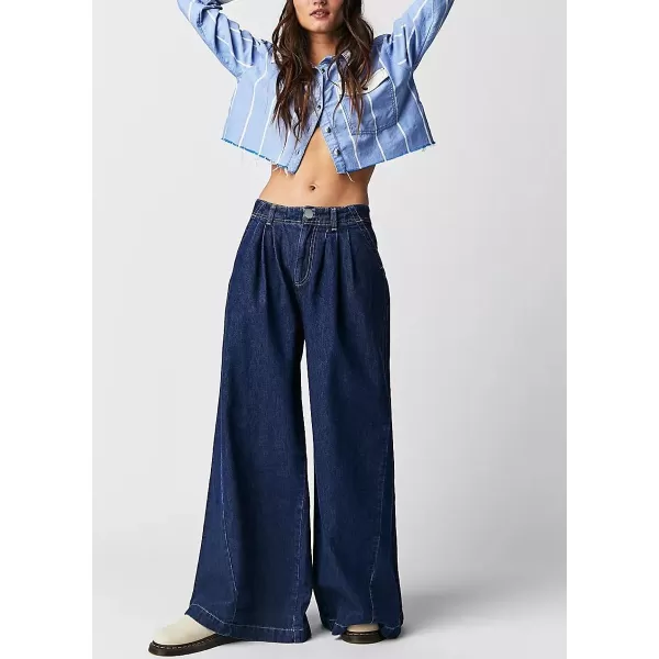 chouyatou Womens Boyfriend Denim Cargo Pants Y2K Baggy Wide Leg Casual Dressy Jeans CulottesDark Blue