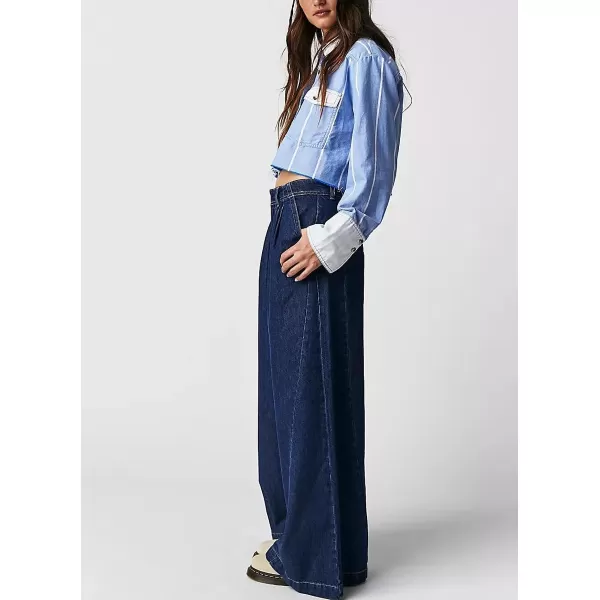 chouyatou Womens Boyfriend Denim Cargo Pants Y2K Baggy Wide Leg Casual Dressy Jeans CulottesDark Blue