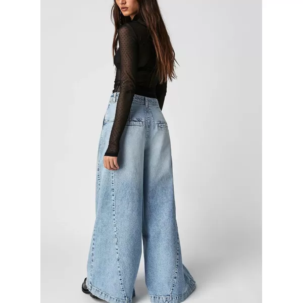 chouyatou Womens Boyfriend Denim Cargo Pants Y2K Baggy Wide Leg Casual Dressy Jeans CulottesLight Blue