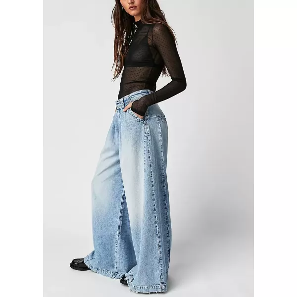 chouyatou Womens Boyfriend Denim Cargo Pants Y2K Baggy Wide Leg Casual Dressy Jeans CulottesLight Blue