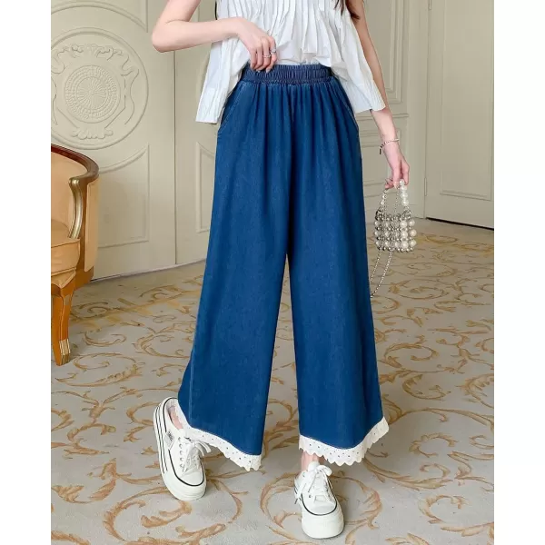 chouyatou Womens Casual Elastic Waist Denim Pants Lace Eyelet Hem Wide Leg Jean Capris Palazzo Culottes with PocketsDark Blue